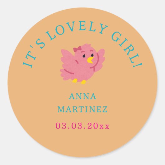 かわいい小さなピンクの鳥のテーマ女の子の赤ちゃんシャワー ラウンドシール (正面)