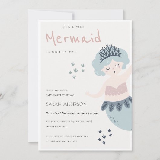かわいい小さなピンク色のマーメイドベビーシャワー招待状 サンキューカード (正面)