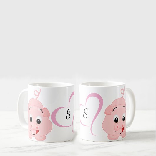 かわいい小さなピンク色のモノグラムの豚 コーヒーマグカップ