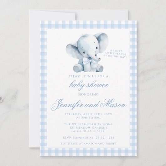 かわいい小さなピーナッツブルーエレファント男の赤ちゃんシャワー 招待状 (正面)