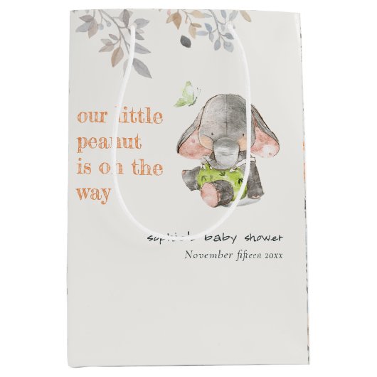 かわいい小さなピーナッツ象の葉の赤ちゃんシャワー ミディアムペーパーバッグ (正面)