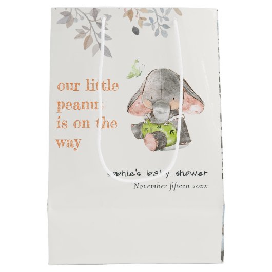 かわいい小さなピーナッツ象の葉の赤ちゃんシャワー ミディアムペーパーバッグ (裏面)