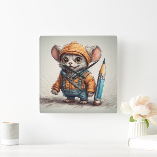 かわいい小さなファンタジーの鉛筆アーティスト スクエア壁時計 (ホーム)