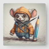 かわいい小さなファンタジーの鉛筆アーティスト スクエア壁時計 (正面)