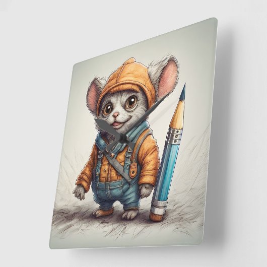 かわいい小さなファンタジーの鉛筆アーティスト スクエア壁時計 (傾斜)