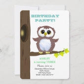かわいい小さなフクロウ&スターオンティール(緑がかった色)子供の誕生日 招待状 (正面)