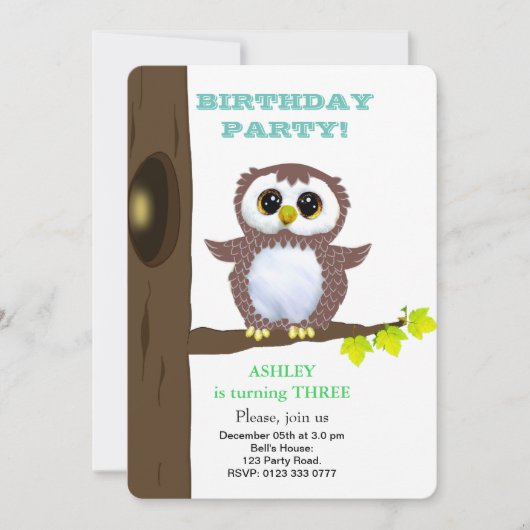かわいい小さなフクロウ&スターオンティール(緑がかった色)子供の誕生日 招待状 (正面)