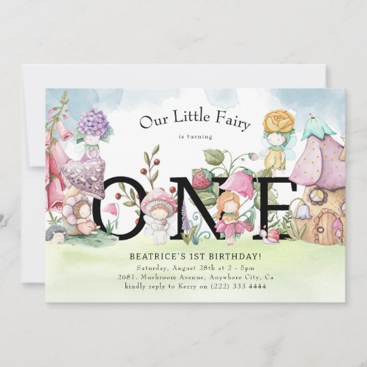 かわいい小さなフローラ妖女の子1歳の誕生日 招待状 (正面)
