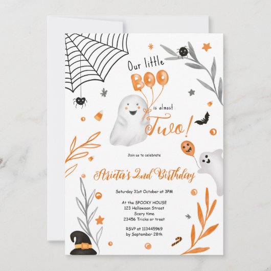 かわいい小さなブハロウィーンオレンジの誕生日2日 招待状 (正面)