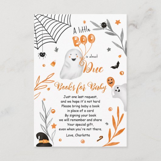 かわいい小さなブハロウィーンオレンジ色の本の赤ちゃんシャワー エンクロージャーカード (正面)
