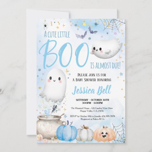 かわいい小さなブハロウィーン少年の赤ちゃんシャワーブルー 招待状 (正面)