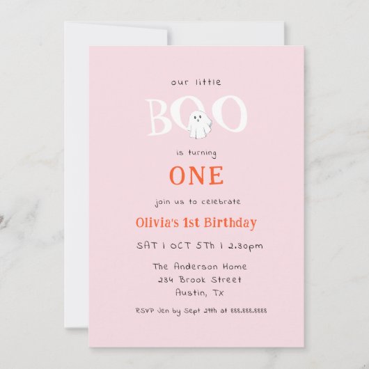 かわいい小さなブハロウィーン幽霊女の子1st誕生日 招待状 (正面)