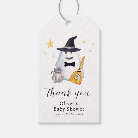 かわいい小さなブー幽霊男の子のシャワーありがとう ギフトタグ (正面)