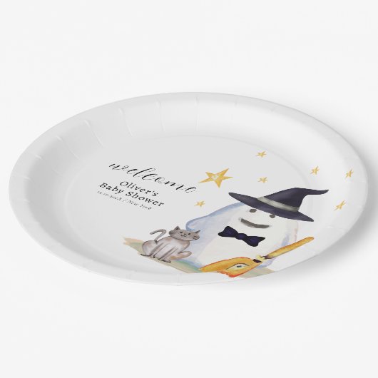 かわいい小さなブー幽霊男の子ベイビーシャワーへようこそ ペーパープレート (アングル)