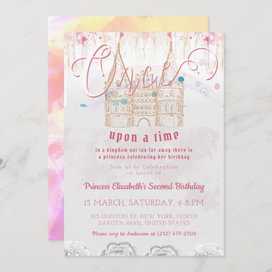 かわいい小さなプリンセスワンオンザタイム誕生日 招待状 (正面/裏面)