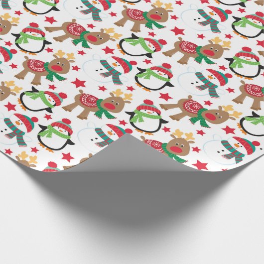 かわいい小さなペンギンと鹿のクリスマス ラッピングペーパー (角)