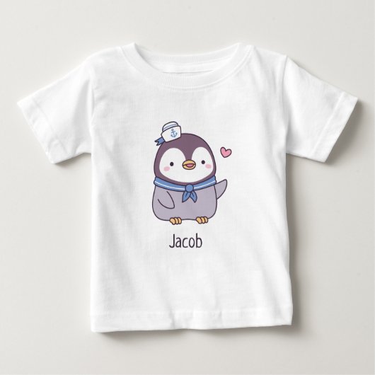 かわいい小さなペンギンの船員の名パーソナライズされた前 ベビーTシャツ (正面)