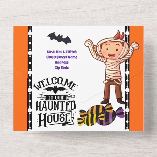 かわいい小さなマイラの怪物の子供たちがハロウィーンの誕生日を過ごす オールインワン招待状 (裏面)