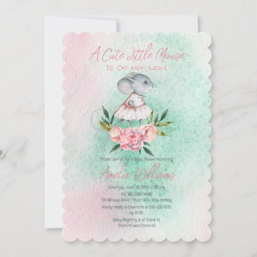 かわいい小さなマウスが彼女の方法で女の子の赤ちゃんシャワー 招待状 (正面)