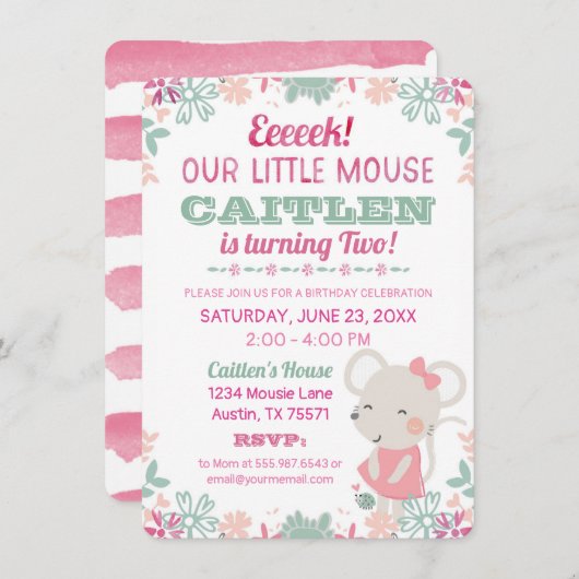 かわいい小さなマウス水カラー誕生日招待状 招待状 (正面/裏面)