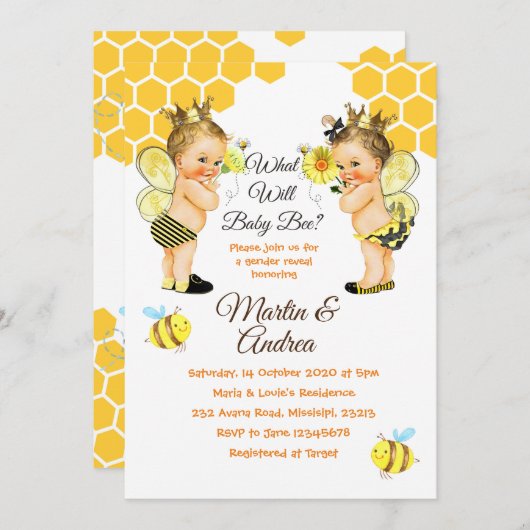 かわいい小さなミツバチ性別がミツバチのパーティーを明かす 招待状 (正面/裏面)