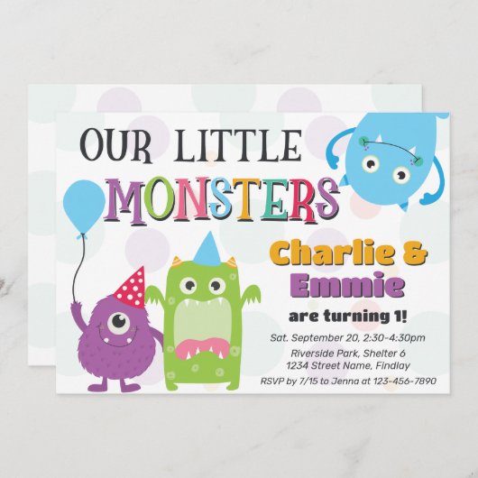 かわいい小さなモンスターの共同誕生日パーティー、任意の年齢 招待状 (正面/裏面)