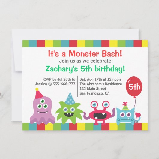 かわいい小さなモンスターの子供の誕生日パーティーバッシュ 招待状 (正面)