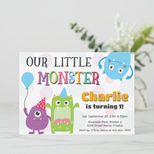 かわいい小さなモンスターの誕生日パーティー、任意の年齢 招待状 (スタンド正面)