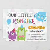 かわいい小さなモンスターの誕生日パーティー、任意の年齢 招待状 (正面/裏面)