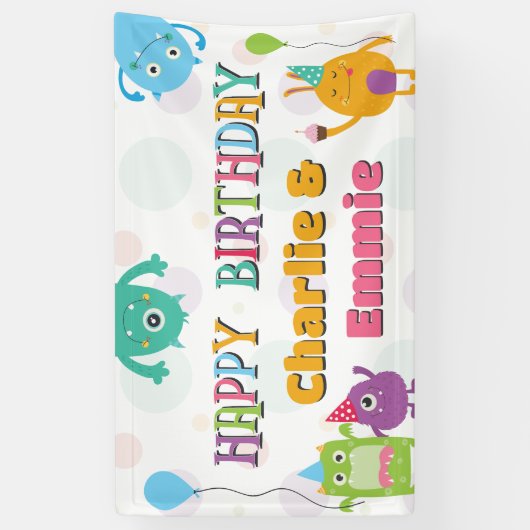 かわいい小さなモンスターの誕生日パーティー、任意の年齢 横断幕 (縦)