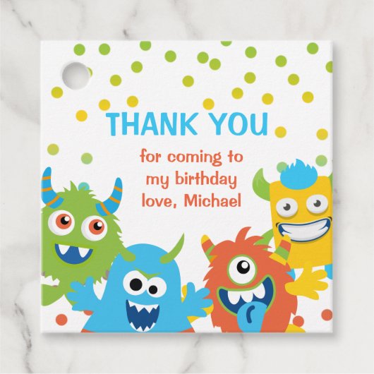 かわいい小さなモンスターをテーマにした誕生日 フェイバータグ (正面)