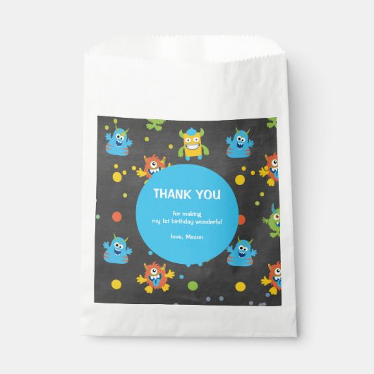 かわいい小さなモンスターシャルボードをテーマにした誕生日 フェイバーバッグ (正面)