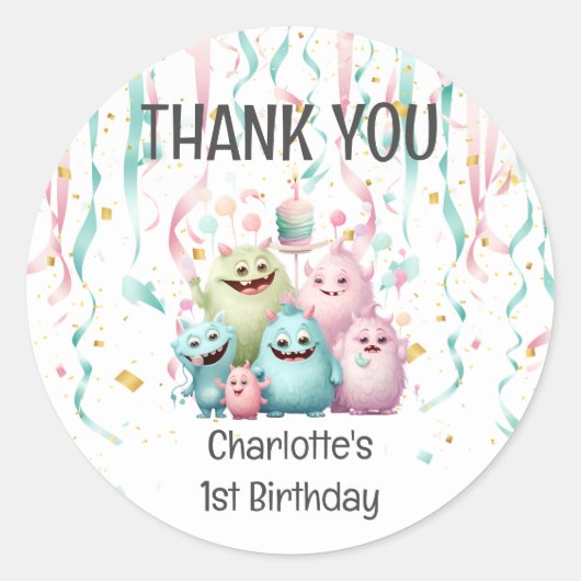 かわいい小さなモンスターズ 1歳の誕生日 おめでとう ラウンドシール (正面)