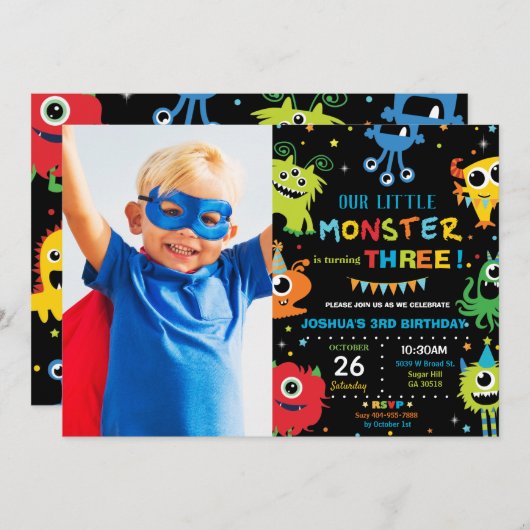 かわいい小さなモンスターボーイ1歳の誕生日鮮やか写真 招待状 (正面/裏面)