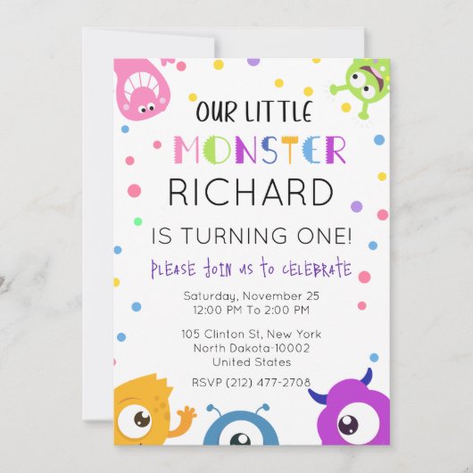かわいい小さなモンスター水玉模様をテーマにした誕生日 招待状 (正面)
