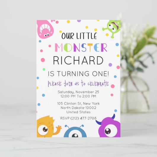 かわいい小さなモンスター水玉模様をテーマにした誕生日 招待状 (スタンド正面)