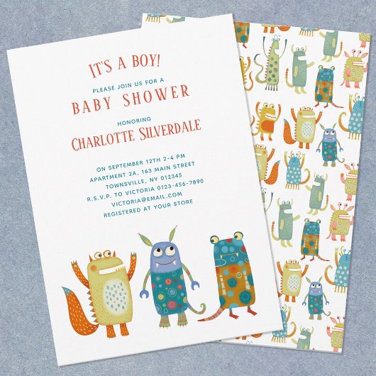 かわいい小さなモンスター男の子の赤ちゃんシャワー 招待状