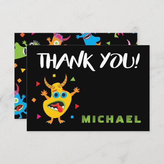 かわいい小さなモンスター誕生日ありがとう 招待状 (正面/裏面)