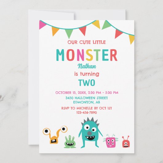かわいい小さなモンスター誕生日ボーイハロウィーン 招待状 (正面)