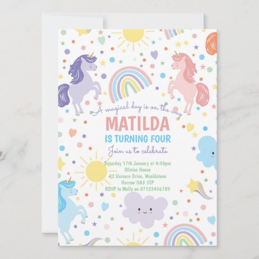 かわいい小さなユニコーンのパーティー招待状 招待状 (正面)