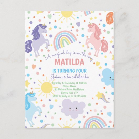 かわいい小さなユニコーンのポストカードパーティー招待状 ポストカード (正面)