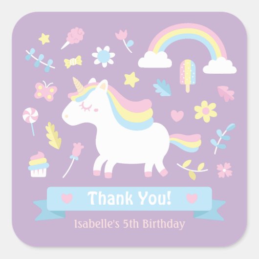 かわいい小さなユニコーンの女の子の誕生日飾りステッカー スクエアシール (正面)