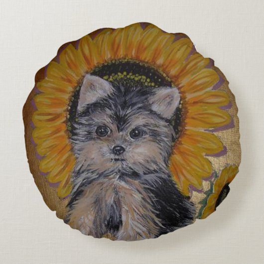 かわいい小さなヨークシャーテリアとひまわり ラウンドクッション (裏面)