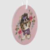 かわいい小さなヨークシャーテリアと花水彩画 オーナメント (正面)