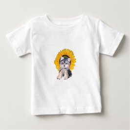 かわいい小さなヨークシャー犬とヒマワリの芸術 ベビーTシャツ