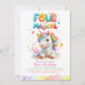 かわいい小さな一角獣の女の子の4歳の誕生日パーティー 招待状 (正面)
