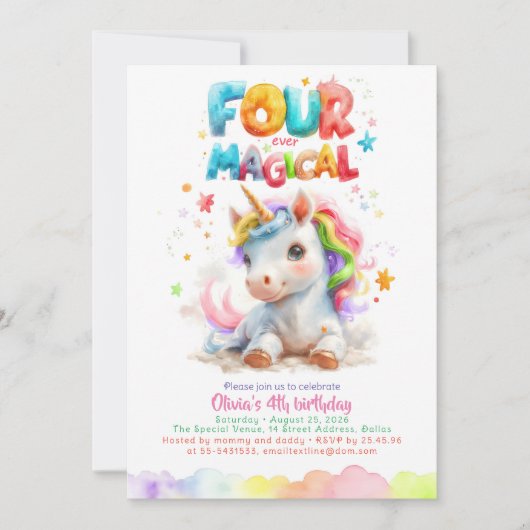 かわいい小さな一角獣の女の子の4歳の誕生日パーティー 招待状 (正面)
