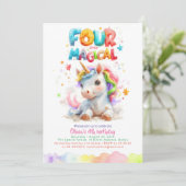 かわいい小さな一角獣の女の子の4歳の誕生日パーティー 招待状 (スタンド正面)