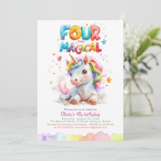 かわいい小さな一角獣の女の子の4歳の誕生日パーティー 招待状 (スタンド正面)