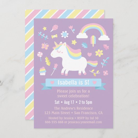 かわいい小さな一角虹の女の子の誕生日パーティー 招待状 (正面/裏面)
